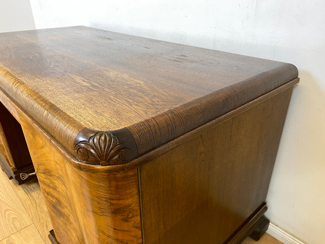 WMK Ein Schmuckstück! Imposanter & gut erhaltener antiker Schreibtisch aus vollem Holz in edlem Wurzeholz mit Schubladen # Arbeitstisch Bürotisch Desk Cheftisch Echtholzfurnier Art Deco Vintage 30er