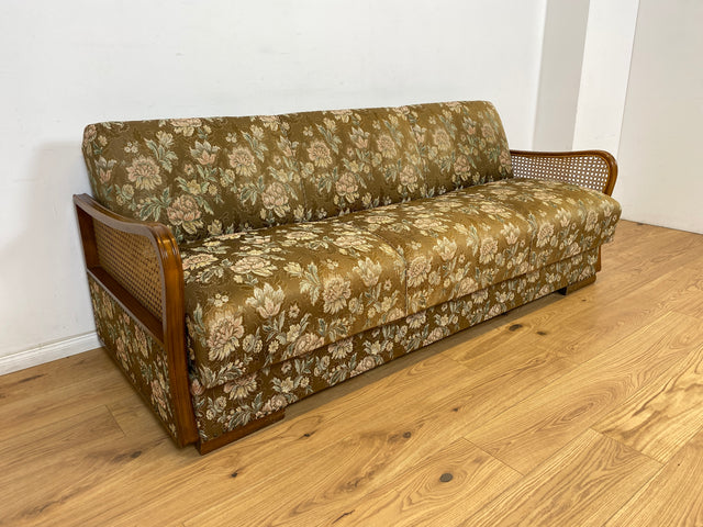 WMK Wunderschönes & gut erhaltenes 30er Jahre Schlafsofa mit feinem floralem Bezug, Wiener Geflecht & Bettwäschefach # Sofa Couch Schlafcouch Klappcouch Liege Daybed Sitzgarnitur Chippendale Vintage