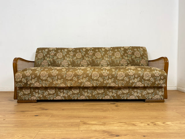 WMK Wunderschönes & gut erhaltenes 30er Jahre Schlafsofa mit feinem floralem Bezug, Wiener Geflecht & Bettwäschefach # Sofa Couch Schlafcouch Klappcouch Liege Daybed Sitzgarnitur Chippendale Vintage