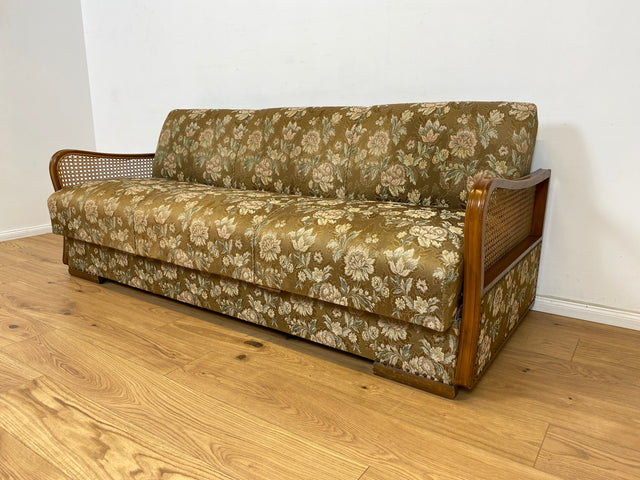 WMK Wunderschönes & gut erhaltenes 30er Jahre Schlafsofa mit feinem floralem Bezug, Wiener Geflecht & Bettwäschefach # Sofa Couch Schlafcouch Klappcouch Liege Daybed Sitzgarnitur Chippendale Vintage