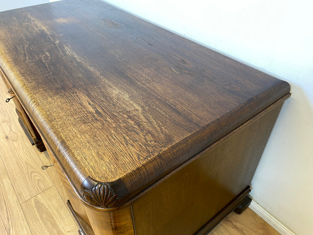 WMK Ein Schmuckstück! Imposanter & gut erhaltener antiker Schreibtisch aus vollem Holz in edlem Wurzeholz mit Schubladen # Arbeitstisch Bürotisch Desk Cheftisch Echtholzfurnier Art Deco Vintage 30er