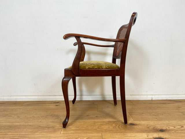 WMK Set aus 4 eleganten und gut erhaltenen 60er Jahre Chippendale Esszimmerstühlen mit intaktem Wiener Geflecht und vornehmen Originalbezug # Stühle Küchenstühle Holzstühle Dining Chairs Vintage