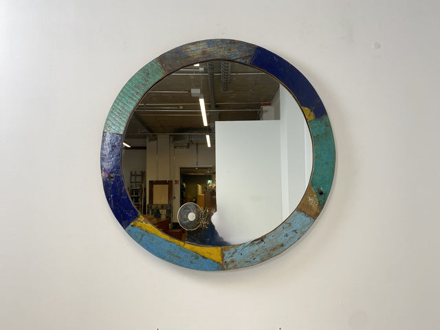 Boatwood by WMK # Large round wall mirror made of old boat wood, a handmade unique piece made of teak in the original colors of the boats # colorful mirror bathroom mirror hallway mirror artwork art boat furniture