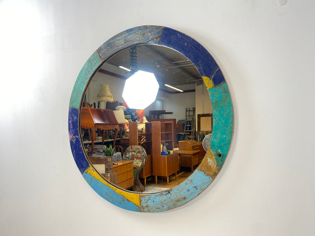 Boatwood by WMK # Large round wall mirror made of old boat wood, a handmade unique piece made of teak in the original colors of the boats # colorful mirror bathroom mirror hallway mirror artwork art boat furniture