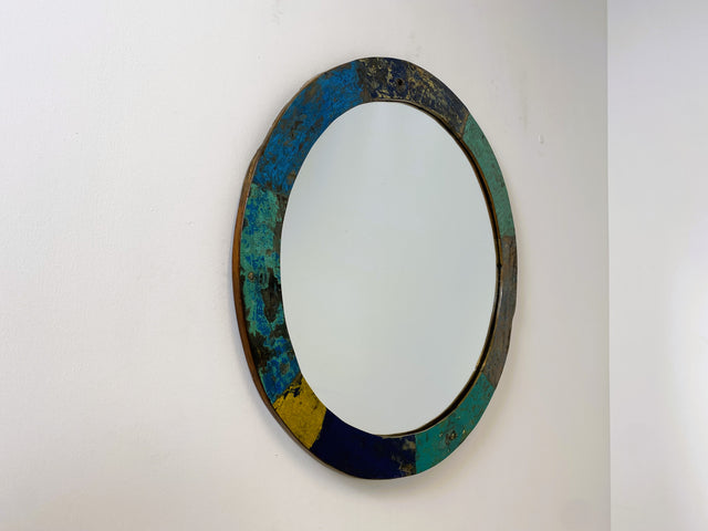 Boatwood by WMK # Large round wall mirror made of old boat wood, a handmade unique piece made of teak in the original colors of the boats # colorful mirror hallway mirror bathroom mirror artwork art boat furniture