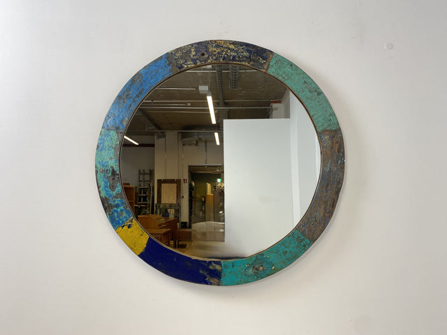 Boatwood by WMK # Large round wall mirror made of old boat wood, a handmade unique piece made of teak in the original colors of the boats # colorful mirror hallway mirror bathroom mirror artwork art boat furniture