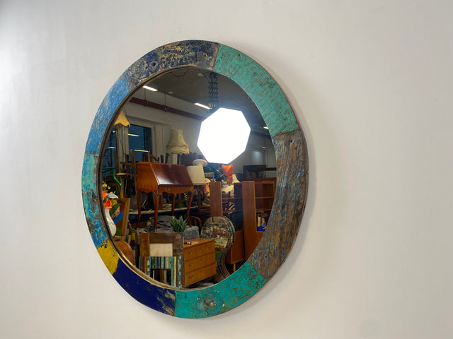 Boatwood by WMK # Large round wall mirror made of old boat wood, a handmade unique piece made of teak in the original colors of the boats # colorful mirror hallway mirror bathroom mirror artwork art boat furniture