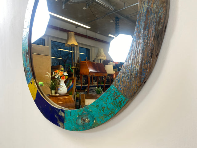 Boatwood by WMK # Large round wall mirror made of old boat wood, a handmade unique piece made of teak in the original colors of the boats # colorful mirror hallway mirror bathroom mirror artwork art boat furniture