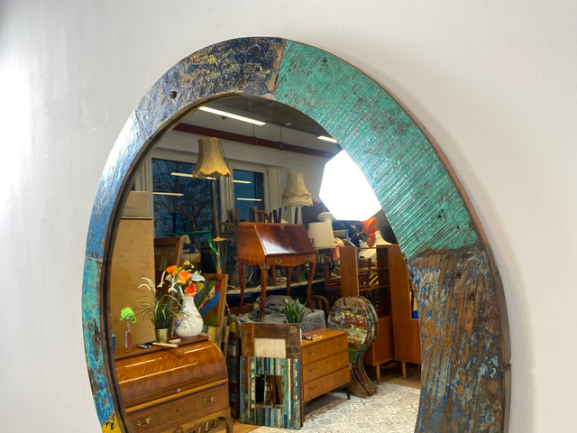 Boatwood by WMK # Large round wall mirror made of old boat wood, a handmade unique piece made of teak in the original colors of the boats # colorful mirror hallway mirror bathroom mirror artwork art boat furniture