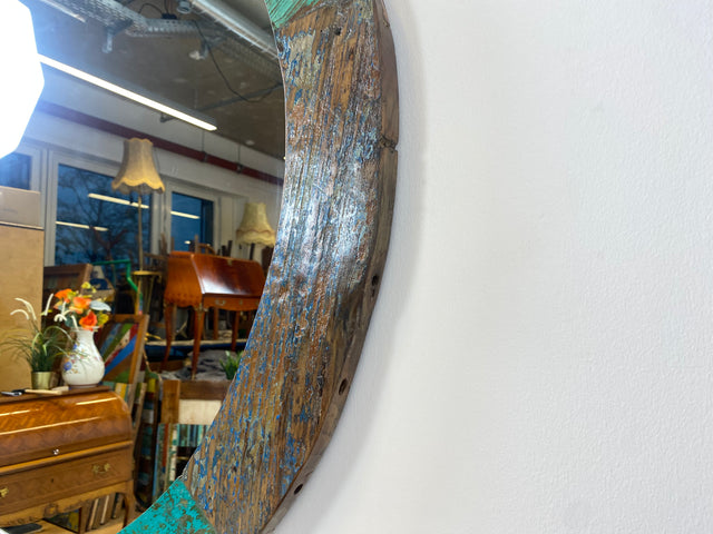 Boatwood by WMK # Large round wall mirror made of old boat wood, a handmade unique piece made of teak in the original colors of the boats # colorful mirror hallway mirror bathroom mirror artwork art boat furniture