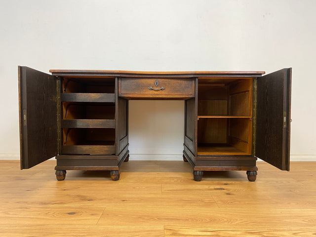 WMK Imposanter und sehr gut erhaltener antiker Schreibtisch aus vollem Holz mit Schubladen und edlen Messingbeschlägen # Arbeitstisch Bürotisch Sekretär Writing Desk Jugendstil Gründerzeit Vintage