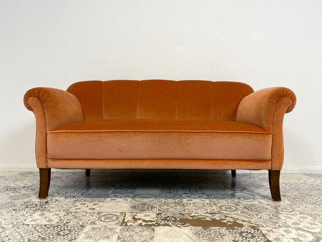 WMK Set Preis! Wunderschöne & besonders gut erhaltene 1930er Jahre Art Deco Sitzgarnitur aus Sofa & 2 Sessel mit bequemen Federkernsitzen und sanftem Samtbezug # Sitzgruppe Sofa Couch Sessel Vintage