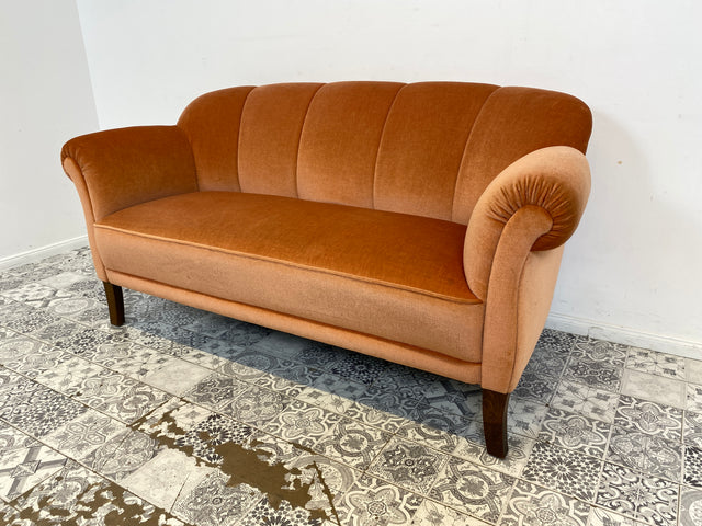 WMK Set Preis! Wunderschöne & besonders gut erhaltene 1930er Jahre Art Deco Sitzgarnitur aus Sofa & 2 Sessel mit bequemen Federkernsitzen und sanftem Samtbezug # Sitzgruppe Sofa Couch Sessel Vintage