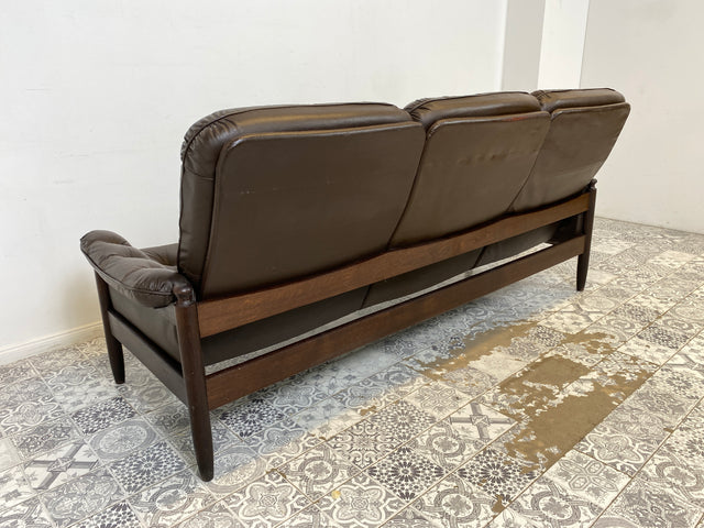 WMK Sehr schönes & gut erhaltenes skandinavisches Sofa mit Rahmen aus Palisander und Bezug aus gestepptem Echtleder # Ledersofa Couch Ledercouch Sitzgarnitur 3-Sitzer Danish Design 60er 70er Vintage