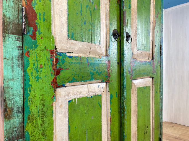 Boatwood by WMK # Unique linen cupboard made from old boat wood, a handmade unique piece made from solid teak wood # green cupboard wardrobe bedroom cupboard wardrobe boat furniture