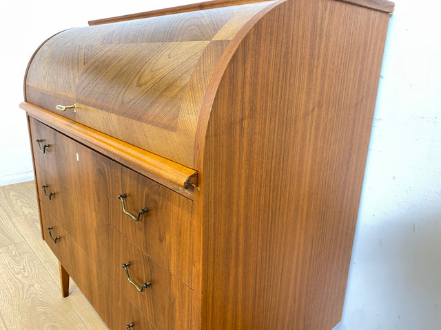 WMK Stilvoller skandinavischer Sekretär mit ausziehbarer Schreibplatte, Schubladen und Messinggriffen # Schreibschrank Desk Schreibtisch Kommode Schubladenkommode Wäschekommode Mid-Century Vintage