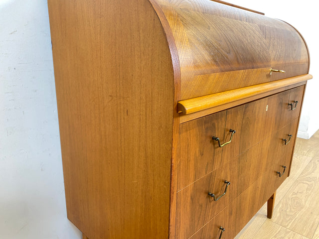 WMK Stilvoller skandinavischer Sekretär mit ausziehbarer Schreibplatte, Schubladen und Messinggriffen # Schreibschrank Desk Schreibtisch Kommode Schubladenkommode Wäschekommode Mid-Century Vintage