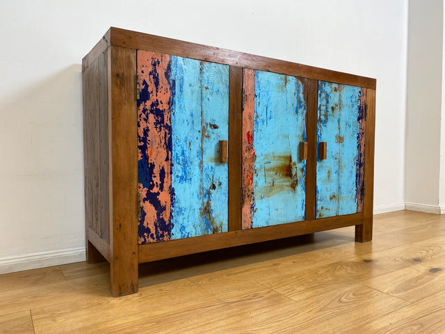 Boatwood by WMK I Einzigartiges & nachhaltiges Sideboard in Meeresblau I handmade Unikat aus altem Bootsholz I Teakholz massiv I Kommode Schrank Anrichte Wäschekommode Bootsmöbel Berlin Usedom München