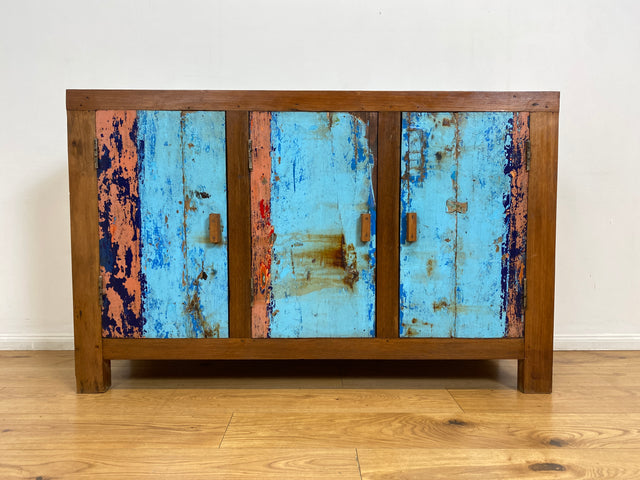 Boatwood by WMK I Einzigartiges & nachhaltiges Sideboard in Meeresblau I handmade Unikat aus altem Bootsholz I Teakholz massiv I Kommode Schrank Anrichte Wäschekommode Bootsmöbel Berlin Usedom München