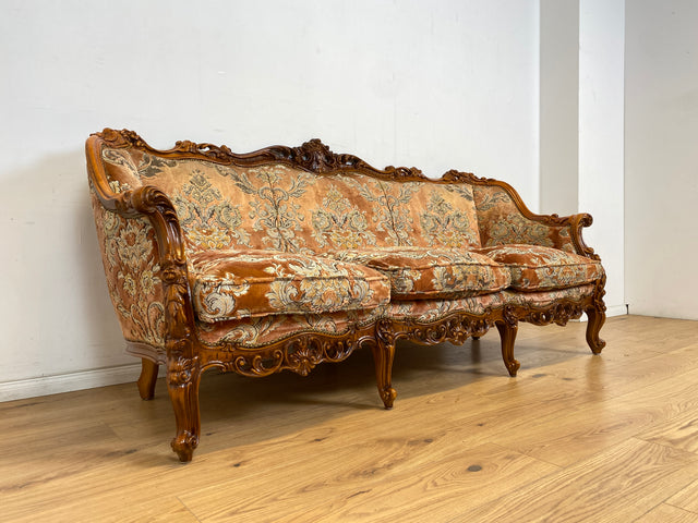 WMK Pompöses und sehr gut erhaltenes Vintage Sofa im Stile des Barock mit edlem Brokat Bezug und reichverziertem Holzrahmen # Couch 3-Sitzer Sitzgarnitur Rokoko Chippendale Stilmöbel Samt Altrosa