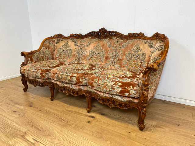 WMK Pompöses und sehr gut erhaltenes Vintage Sofa im Stile des Barock mit edlem Brokat Bezug und reichverziertem Holzrahmen # Couch 3-Sitzer Sitzgarnitur Rokoko Chippendale Stilmöbel Samt Altrosa