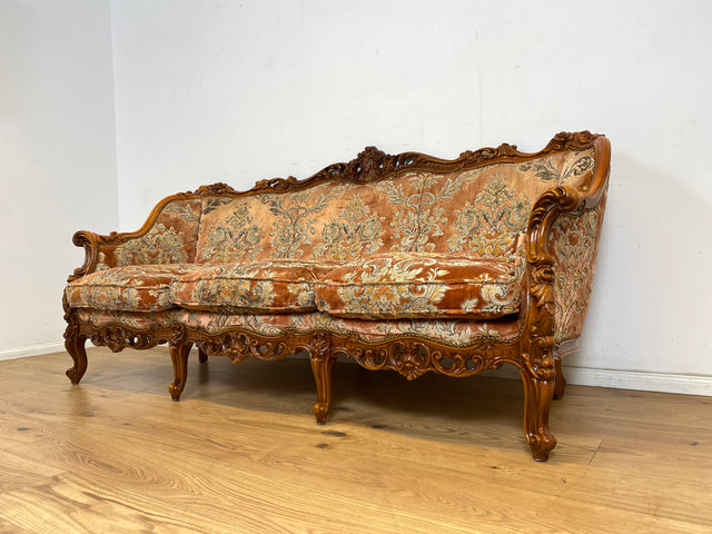 WMK Pompöses und sehr gut erhaltenes Vintage Sofa im Stile des Barock mit edlem Brokat Bezug und reichverziertem Holzrahmen # Couch 3-Sitzer Sitzgarnitur Rokoko Chippendale Stilmöbel Samt Altrosa