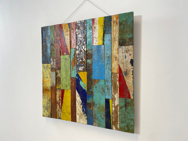 Boatwood by WMK # Unique wall picture made of old boat wood, a handmade unique piece made of solid teak in the original colors of the boats # colorful picture board wooden board modern abstract art art loft