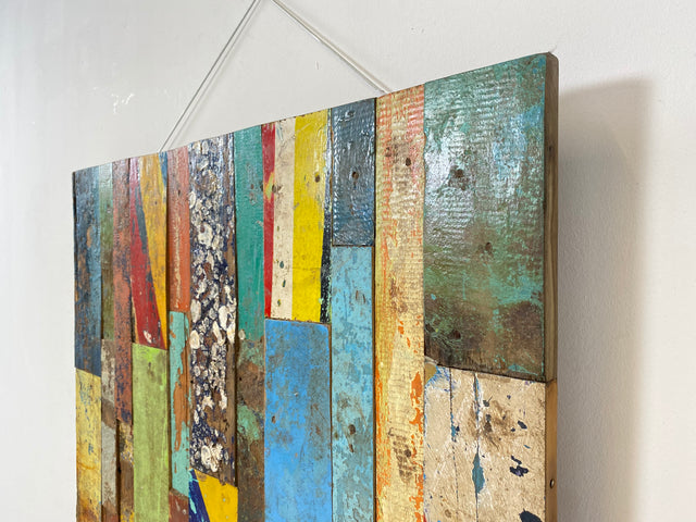 Boatwood by WMK # Unique wall picture made of old boat wood, a handmade unique piece made of solid teak in the original colors of the boats # colorful picture board wooden board modern abstract art art loft