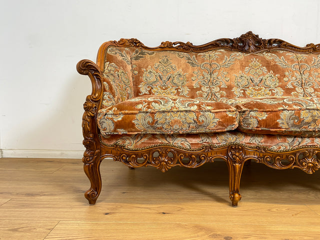 WMK Pompöses und sehr gut erhaltenes Vintage Sofa im Stile des Barock mit edlem Brokat Bezug und reichverziertem Holzrahmen # Couch 3-Sitzer Sitzgarnitur Rokoko Chippendale Stilmöbel Samt Altrosa