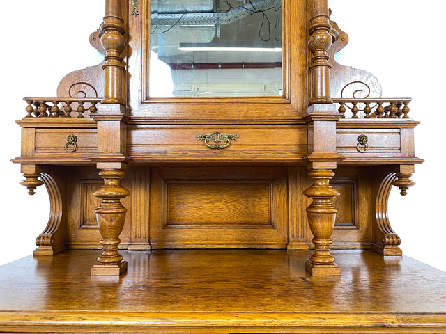 WMK Prachtvoller und gut erhaltener antiker Büffetschrank aus massivem Eichenholz mit prunkvollen Messingbeschlägen, um 1900 # Anrichte Aufsatzbuffett Buffett Schrank Highboard Gründerzeit Vintage