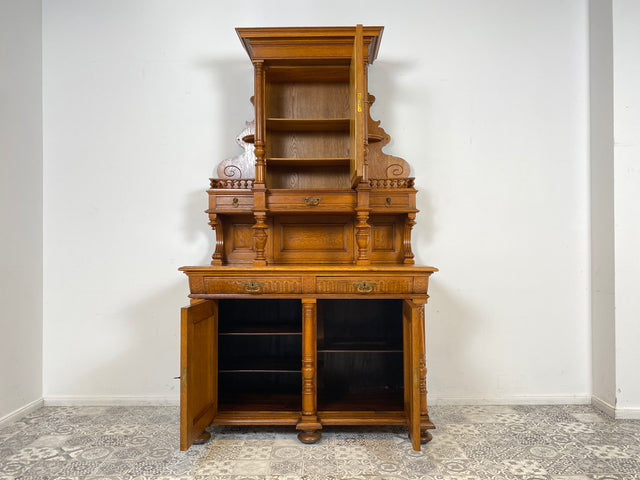 WMK Prachtvoller und gut erhaltener antiker Büffetschrank aus massivem Eichenholz mit prunkvollen Messingbeschlägen, um 1900 # Anrichte Aufsatzbuffett Buffett Schrank Highboard Gründerzeit Vintage