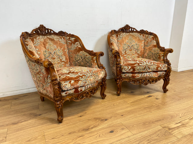 WMK 1/2 Pompöser und sehr gut erhaltener Vintage Sessel im Stile des Barock mit edlem Brokat Bezug und reichverziertem Holzrahmen # Armchair Stuhl Sitzgarnitur Rokoko Chippendale Stilmöbel Altrosa