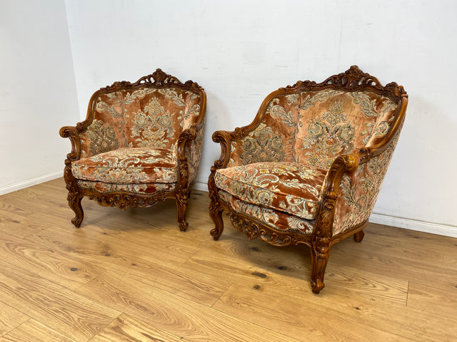 WMK 1/2 Pompöser und sehr gut erhaltener Vintage Sessel im Stile des Barock mit edlem Brokat Bezug und reichverziertem Holzrahmen # Armchair Stuhl Sitzgarnitur Rokoko Chippendale Stilmöbel Altrosa