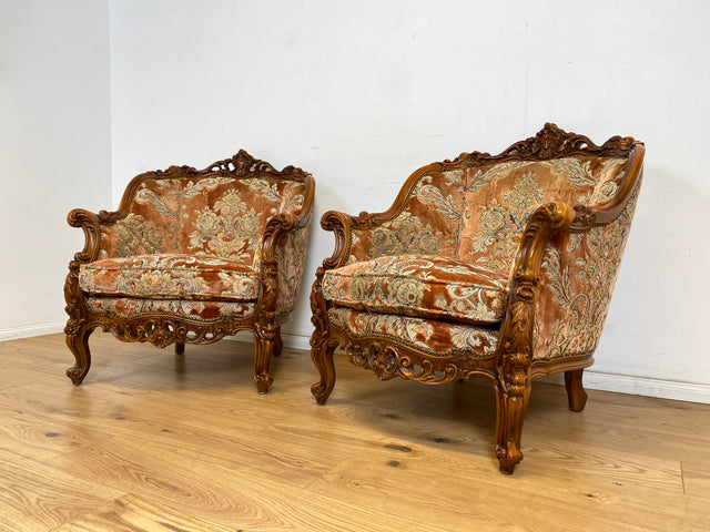 WMK 1/2 Pompöser und sehr gut erhaltener Vintage Sessel im Stile des Barock mit edlem Brokat Bezug und reichverziertem Holzrahmen # Armchair Stuhl Sitzgarnitur Rokoko Chippendale Stilmöbel Altrosa