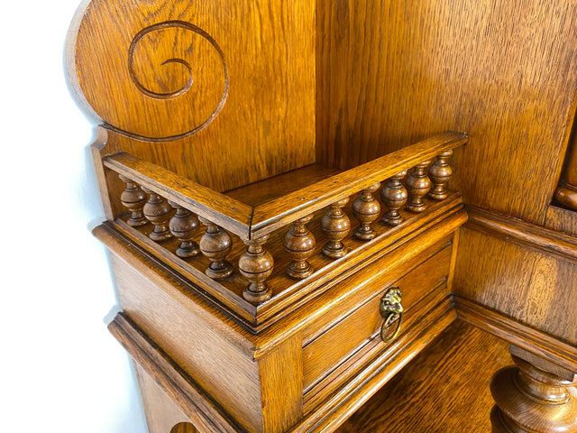 WMK Prachtvoller und gut erhaltener antiker Büffetschrank aus massivem Eichenholz mit prunkvollen Messingbeschlägen, um 1900 # Anrichte Aufsatzbuffett Buffett Schrank Highboard Gründerzeit Vintage