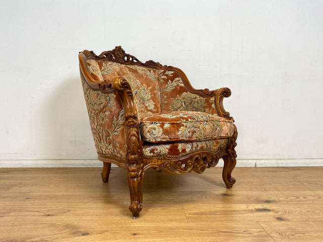 WMK 1/2 Pompöser und sehr gut erhaltener Vintage Sessel im Stile des Barock mit edlem Brokat Bezug und reichverziertem Holzrahmen # Armchair Stuhl Sitzgarnitur Rokoko Chippendale Stilmöbel Altrosa