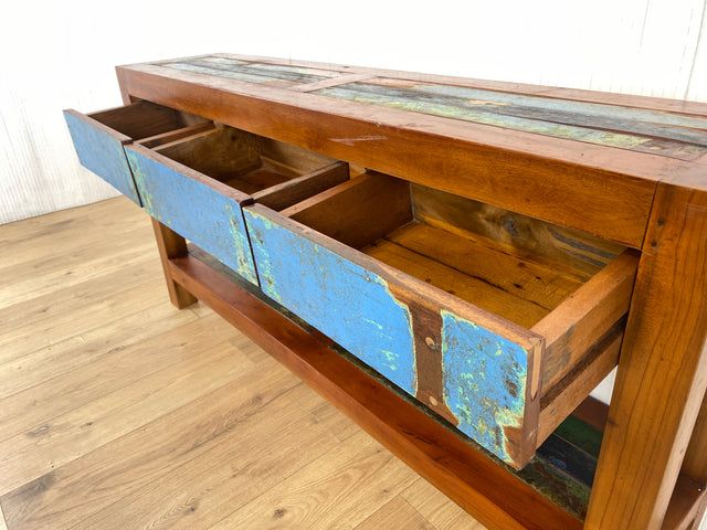 Boatwood by WMK # Special console with drawers, a unique piece handcrafted from old boat wood made of solid teak wood # Chest of drawers Sideboard Hallway chest of drawers Storage Kitchen cabinet Console table Boat furniture