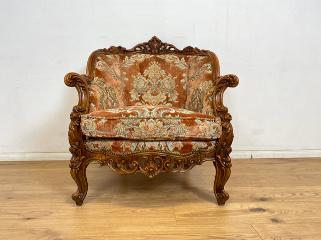 WMK 1/2 Pompöser und sehr gut erhaltener Vintage Sessel im Stile des Barock mit edlem Brokat Bezug und reichverziertem Holzrahmen # Armchair Stuhl Sitzgarnitur Rokoko Chippendale Stilmöbel Altrosa