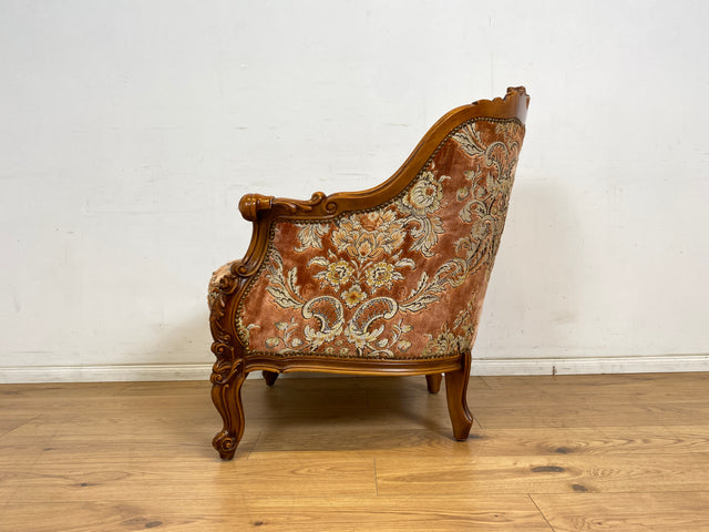 WMK 1/2 Pompöser und sehr gut erhaltener Vintage Sessel im Stile des Barock mit edlem Brokat Bezug und reichverziertem Holzrahmen # Armchair Stuhl Sitzgarnitur Rokoko Chippendale Stilmöbel Altrosa