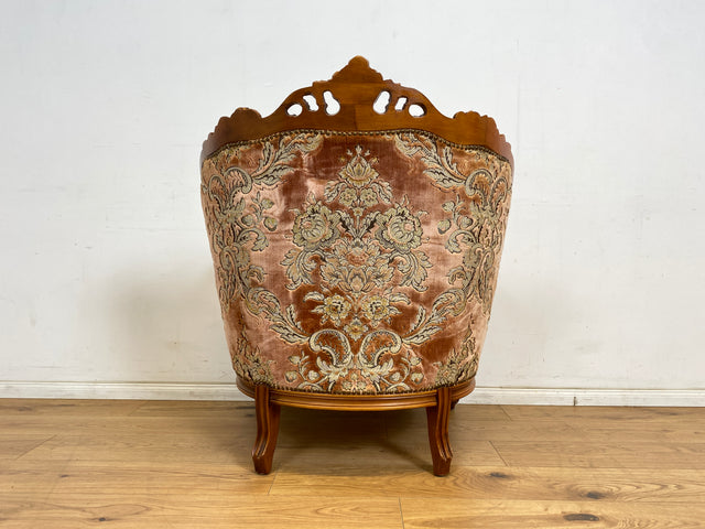 WMK 1/2 Pompöser und sehr gut erhaltener Vintage Sessel im Stile des Barock mit edlem Brokat Bezug und reichverziertem Holzrahmen # Armchair Stuhl Sitzgarnitur Rokoko Chippendale Stilmöbel Altrosa