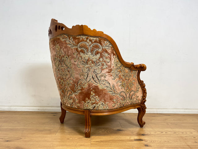 WMK 1/2 Pompöser und sehr gut erhaltener Vintage Sessel im Stile des Barock mit edlem Brokat Bezug und reichverziertem Holzrahmen # Armchair Stuhl Sitzgarnitur Rokoko Chippendale Stilmöbel Altrosa