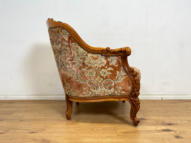 WMK 1/2 Pompöser und sehr gut erhaltener Vintage Sessel im Stile des Barock mit edlem Brokat Bezug und reichverziertem Holzrahmen # Armchair Stuhl Sitzgarnitur Rokoko Chippendale Stilmöbel Altrosa