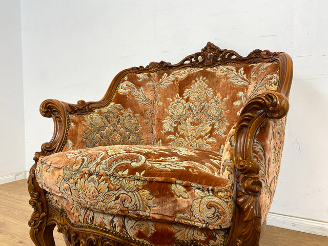 WMK 1/2 Pompöser und sehr gut erhaltener Vintage Sessel im Stile des Barock mit edlem Brokat Bezug und reichverziertem Holzrahmen # Armchair Stuhl Sitzgarnitur Rokoko Chippendale Stilmöbel Altrosa