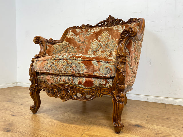 WMK 1/2 Pompöser und sehr gut erhaltener Vintage Sessel im Stile des Barock mit edlem Brokat Bezug und reichverziertem Holzrahmen # Armchair Stuhl Sitzgarnitur Rokoko Chippendale Stilmöbel Altrosa