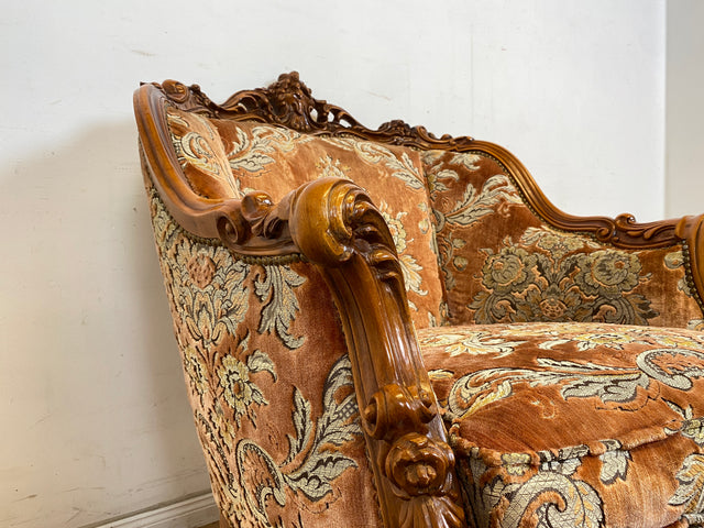 WMK 1/2 Pompöser und sehr gut erhaltener Vintage Sessel im Stile des Barock mit edlem Brokat Bezug und reichverziertem Holzrahmen # Armchair Stuhl Sitzgarnitur Rokoko Chippendale Stilmöbel Altrosa