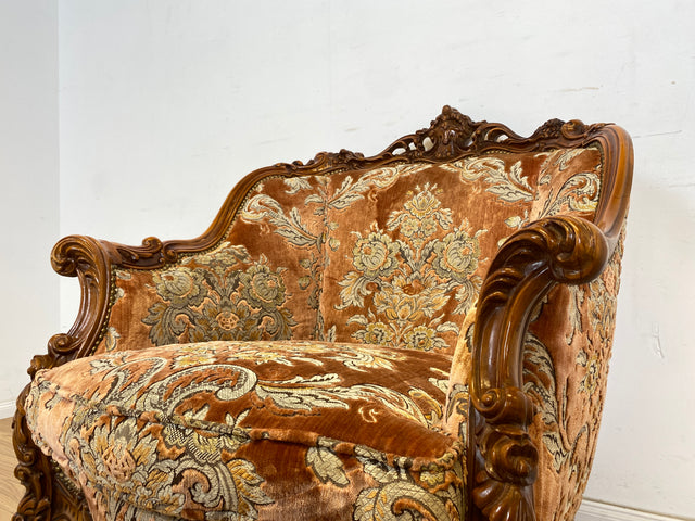 WMK 1/2 Pompöser und sehr gut erhaltener Vintage Sessel im Stile des Barock mit edlem Brokat Bezug und reichverziertem Holzrahmen # Armchair Stuhl Sitzgarnitur Rokoko Chippendale Stilmöbel Altrosa