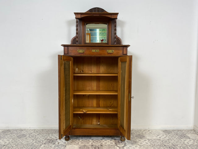 WMK Wunderschöner antiker Schrank aus vollem Holz mit Spiegelaufsatz und edlen Messingbeschlägen # Wäscheschrank Highboard Aufsatzvertiko Vertiko Dielenschrank Gründerzeit Louis Philippe Vintage