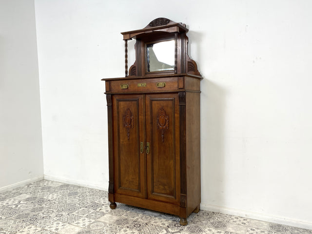 WMK Wunderschöner antiker Schrank aus vollem Holz mit Spiegelaufsatz und edlen Messingbeschlägen # Wäscheschrank Highboard Aufsatzvertiko Vertiko Dielenschrank Gründerzeit Louis Philippe Vintage