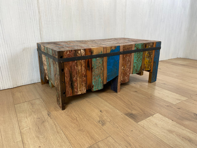 Boatwood by WMK # Einzigartiger Couchtisch (100x60cm) aus altem Bootsholz, ein handgefertigtes Unikat aus massivem Teakholz # Wohnzimmertisch Coffee Table Podest Kunstwerk Art Upcycling Treibholz