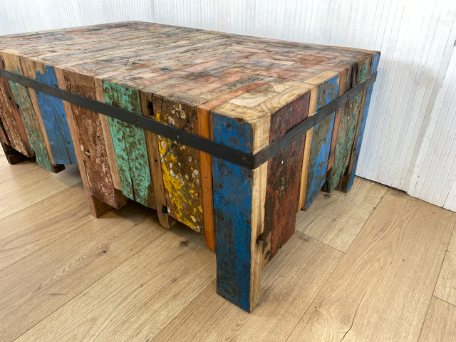 Boatwood by WMK # Einzigartiger Couchtisch (100x60cm) aus altem Bootsholz, ein handgefertigtes Unikat aus massivem Teakholz # Wohnzimmertisch Coffee Table Podest Kunstwerk Art Upcycling Treibholz